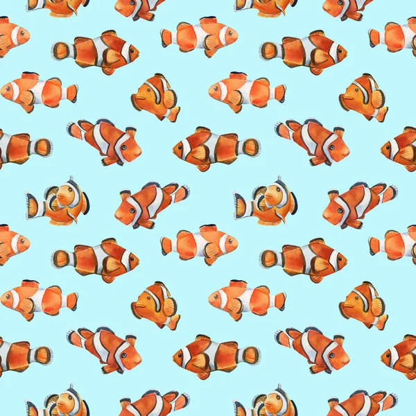 Watercolor Seamless pattern with reef fish, clown or anemone fish. Nautical background for fabric design, textile, paper —  Fotos de Stock