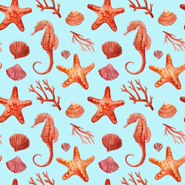 Padrão sem costura com cavalo marinho, estrela do mar, corais e conchas. Ilustração desenhada à mão aquarela sobre fundo azul — Fotografia de Stock