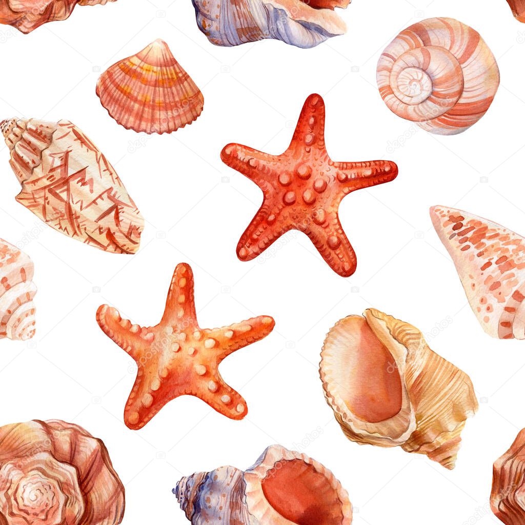 Seamless watercolor pattern with sea shells. Hand drawn vintage sketch elements. Nautical background for wallpaper