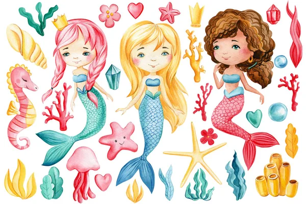 Mořská panna, mušle, bubliny, korály na izolovaném bílém pozadí. Kresba akvarelem — Stock fotografie