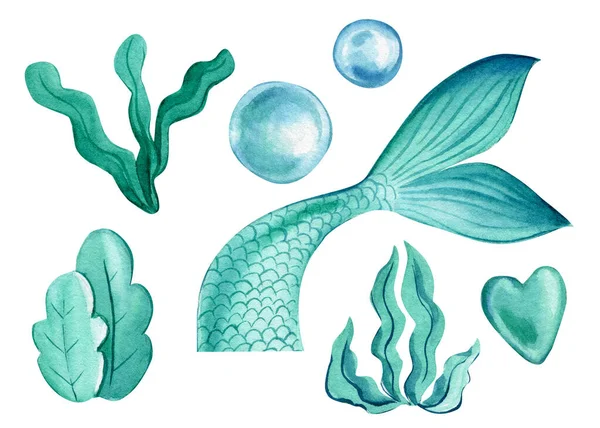 Mermaid tail, bubbles, algae on an isolated white background. Watercolor drawing — Stock Photo, Image