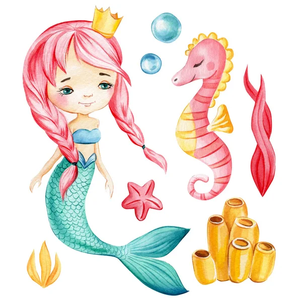 Mermaid, seahorse, bubbles on an isolated white background. Watercolor summer marine clipart — стоковое фото