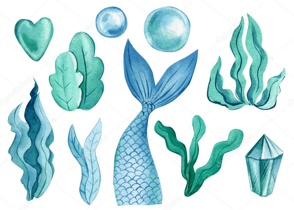 Mermaids tail on isolated white background, hand drawn, watercolor summer marine clipart. High quality illustration