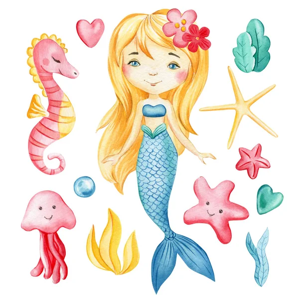 Sirena, conchiglie, bolle, corallo su uno sfondo bianco isolato. Disegno ad acquerello — Foto Stock