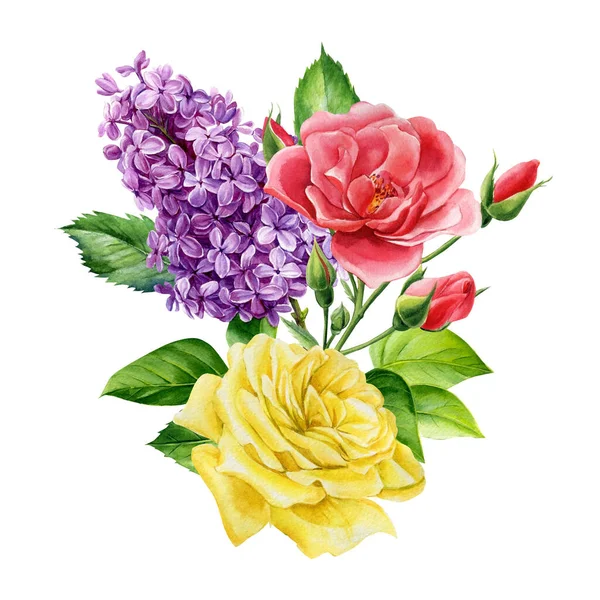 Flores rosas e lilás em um fundo isolado, ilustração botânica aquarela, desenhado à mão — Fotografia de Stock