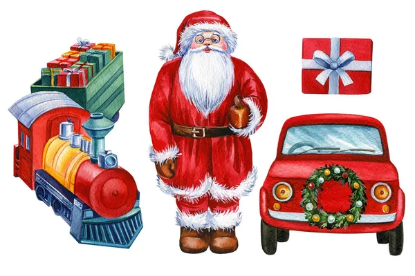 Акварель иллюстрация, Санта-Клаус, поезд, подарки изолированы на белом фоне — стоковое фото