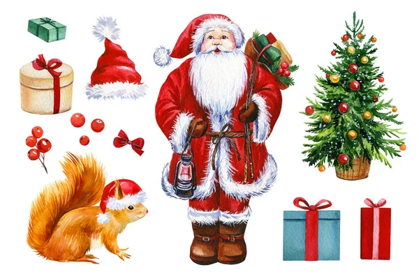 Illust akwarela, Święty Mikołaj, Choinka, prezenty izolowane na białym tle — Zdjęcie stockowe