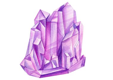 Crystals isolated on white background, minerals, trendy gemstones, pink purple quartz watercolor illustration