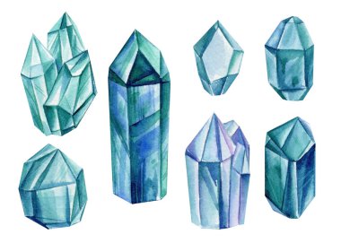 green crystals, emerald green crystal isolated on white background, gemstone watercolor illustration