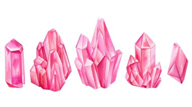 Pink crystals isolated on white background, minerals, trendy gemstones, quartz watercolor illustration