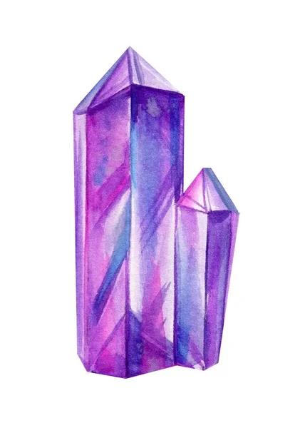 Kristalle isoliert auf weißem Hintergrund, Mineralien, trendige Edelsteine, lila Quarz Aquarell Illustration — Stockfoto