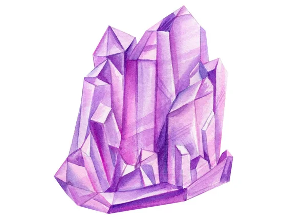 Crystals isolated on white background, minerals, trendy gemstones, pink purple quartz watercolor illustration —  Fotos de Stock