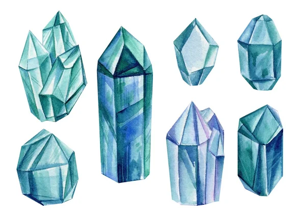 Yeşil kristaller, zümrüt yeşili kristal beyaz zemin üzerinde izole edilmiş, değerli suluboya çizimi