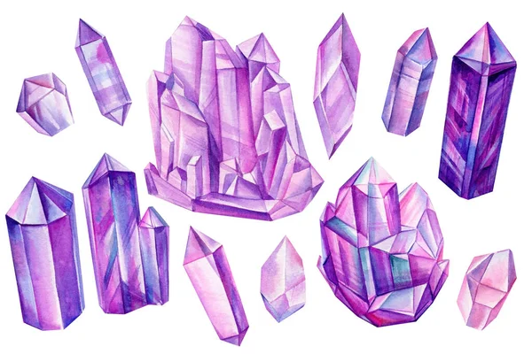 Violette Kristalle isoliert auf weißem Hintergrund, Mineralien, trendige Edelsteine, lila Quarz Aquarell Illustration — Stockfoto