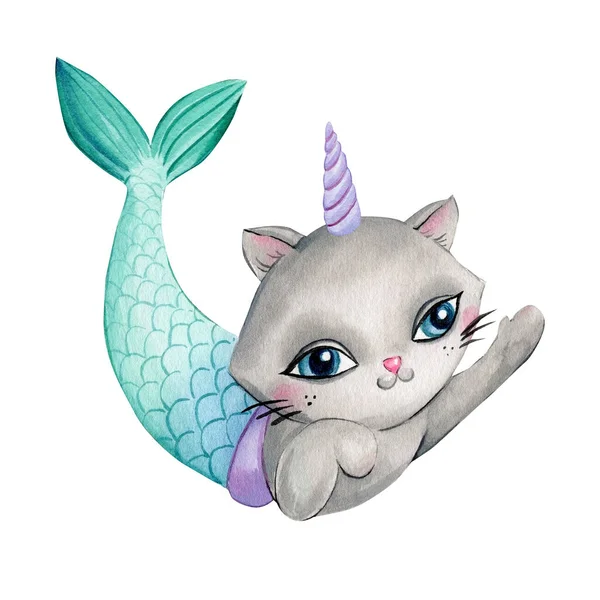 Cute unicorn cat, mermaid cat on an isolated white background. Watercolor drawing — Foto Stock