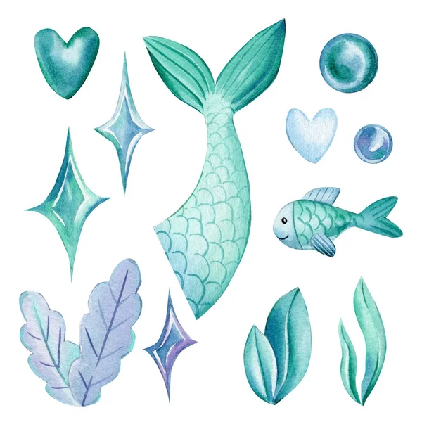 Mermaid tail, seashells, bubbles, coral and pearl on an isolated white background. Watercolor drawing — Stock Photo, Image
