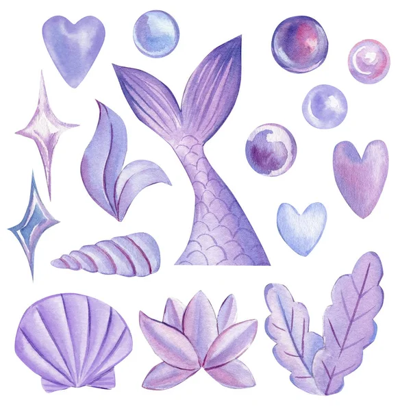 Mermaid tail, seashells, bubbles, coral and pearl on an isolated white background. Watercolor drawing — Photo