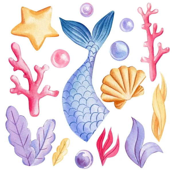 Хвост русалки, ракушки, пузырьки, кораллы и жемчуг на изолированном белом фоне. Акварель — стоковое фото