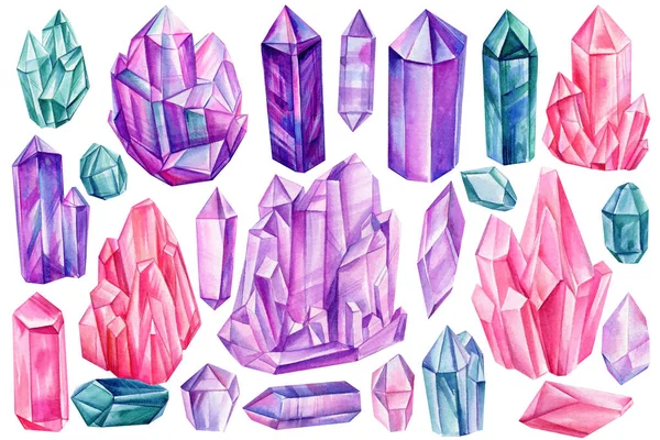 Set kleurrijke kristallen geïsoleerd op witte achtergrond, mineralen, trendy edelstenen, kwarts aquarel illustratie — Stockfoto