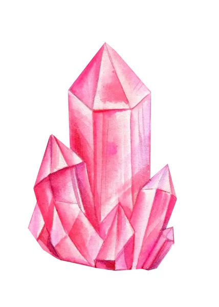 Cristalli rosa isolati su sfondo bianco, illustrazione ad acquerello — Foto Stock