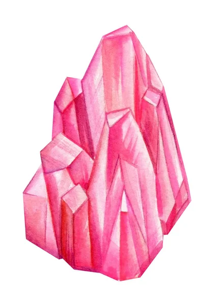 Rosafarbener Kristall auf weißem Hintergrund, Mineralien, Amethyst, Quarz-Aquarell-Illustration — Stockfoto