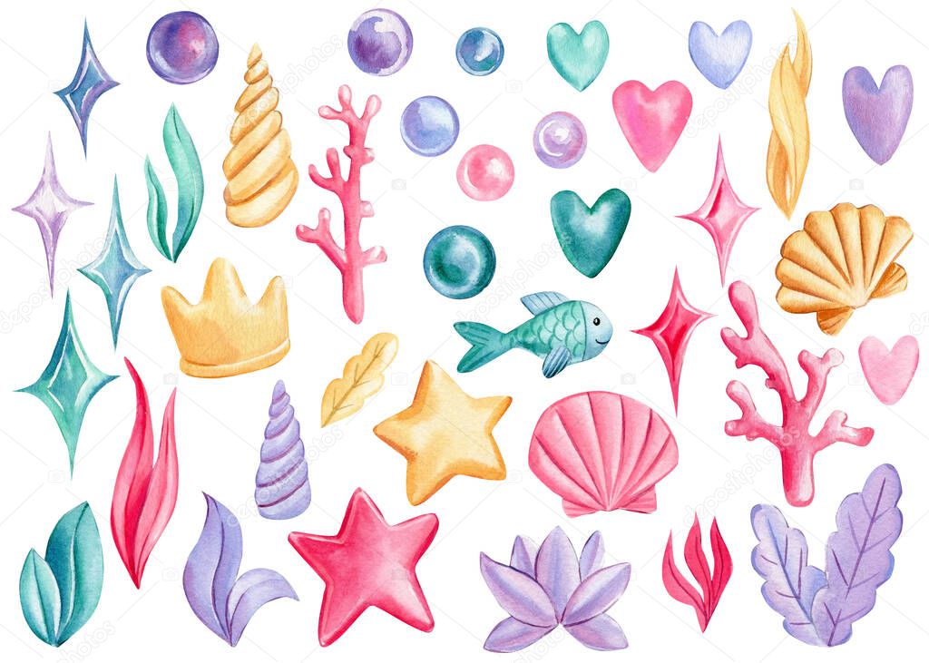 Seashells, bubbles, starfish on an isolated white background. Watercolor drawing. High quality illustration