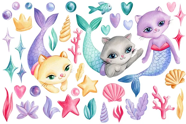 Cute cat. Mermaid, seashells, crown, bubbles, coral and fish. isolated white background. Watercolor drawing — Stok fotoğraf