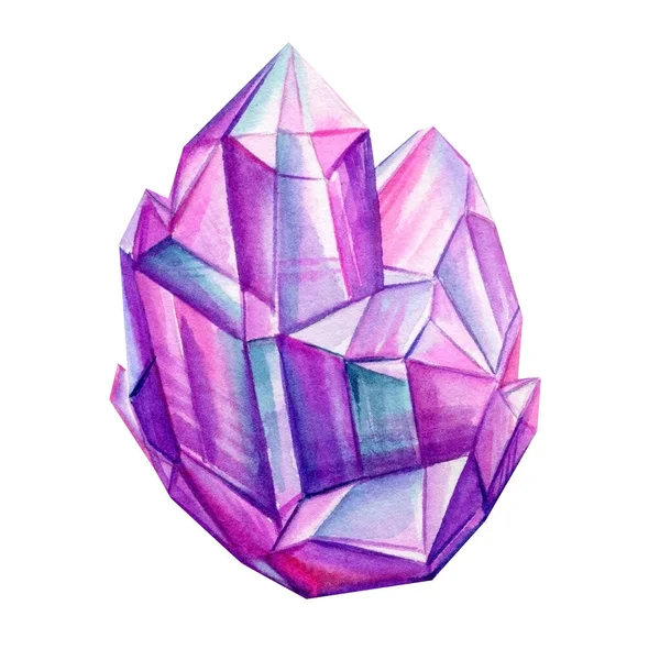 Rosa, violette Kristalle isoliert auf weißem Hintergrund, Mineralien, trendige Edelsteine, Quarz-Aquarell-Illustration — Stockfoto