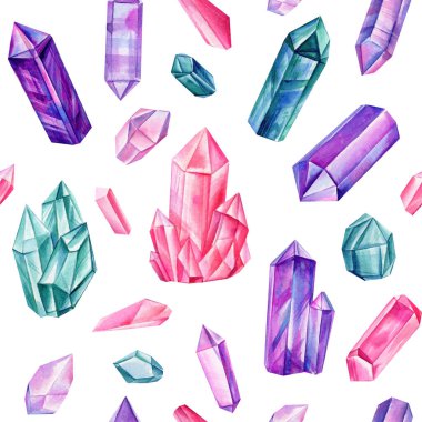 Watercolor Seamless pattern with colorful gemstone crystals. Rainbow multicolored gems.