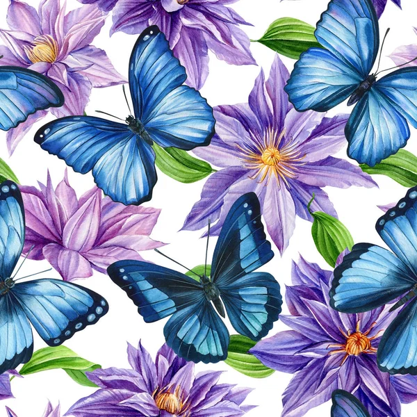 Watercolor clematis flowers and butterflies. Design for wallpaper, wrapping paper, background, fabric. seamless pattern — Foto Stock