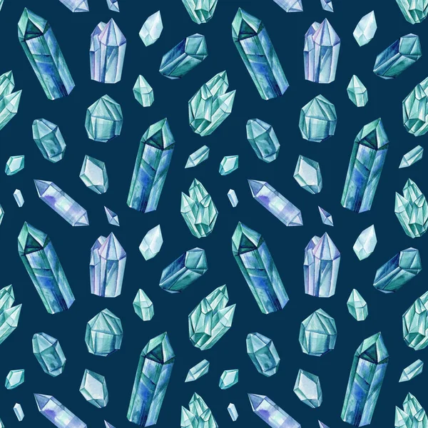 Magic crystals. blue multicolored gems.Watercolor Seamless pattern 