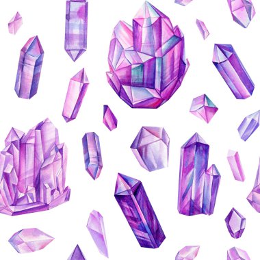 Watercolor Seamless pattern with violet crystals, multicolored gems.
