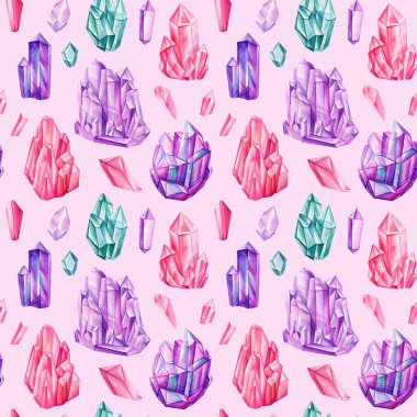 Renkli değerli kristallerle suluboya kusursuz desen. Gökkuşağı renkli mücevherler. Pembe arkaplan
