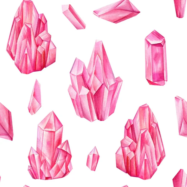 Watercolor Seamless pattern with pink gemstone crystals. Multicolored gems. — Stockfoto