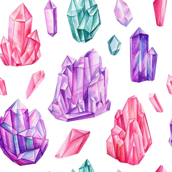 Renkli değerli kristallerle suluboya kusursuz desen. Gökkuşağı renkli mücevherler. — Stok fotoğraf