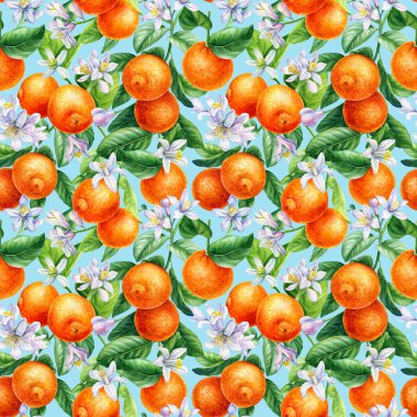 Kusursuz çiçek deseni. Portakal meyvelerinin arka planı. Çiçekler, yapraklar. Kumaş ve tekstil için suluboya botanik tasarımı