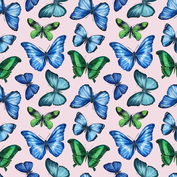 Butterflies on isolated pink background. Watercolor butterfly spring illustration. Seamless pattern. — ストック写真
