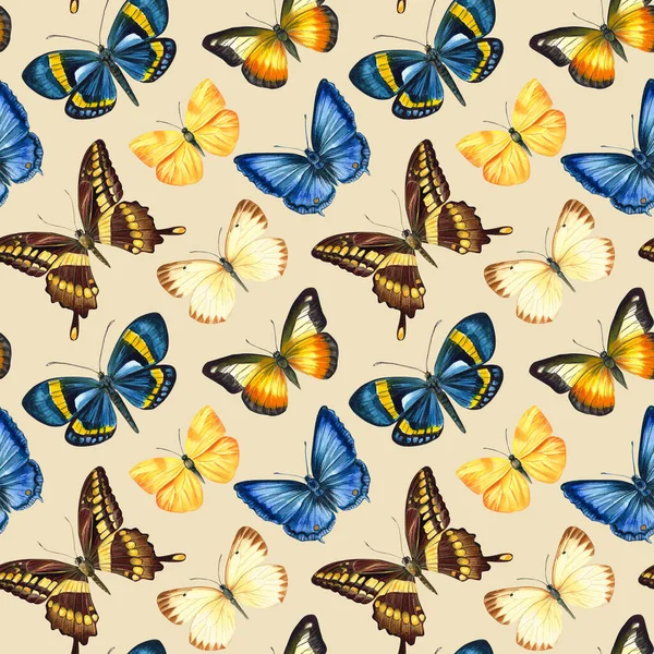 Butterflies on isolated beige background. Watercolor illustration. Seamless pattern. Design for fashion, fabric, textile — ストック写真