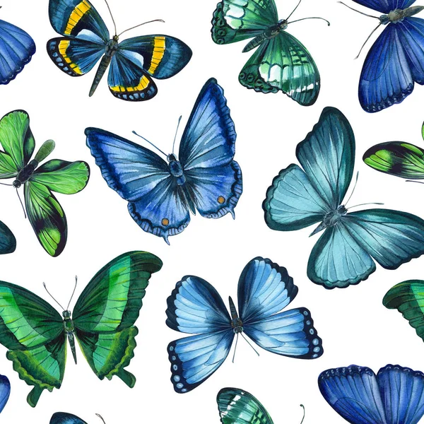 Tropical butterflies. Watercolor botanical illustration. Seamless pattern. Design for fashion, fabric, textile — ストック写真