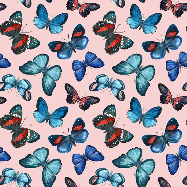 Motýli na izolovaném růžovém pozadí. Ilustrace akvarelů. Bezproblémový vzorec. Design pro módu, tkaniny, textil — Stock fotografie