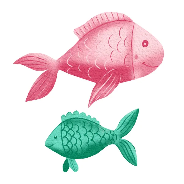 Hand painted pink and green fish illustration — Stok fotoğraf