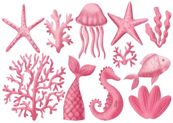 Kézzel festett sellő farok, kagyló, korall, csikóhal, hal, medúza, algák és csillagok. Rózsaszín tenger készlet akvarell elemek — Stock Fotó