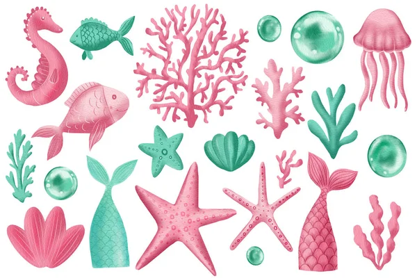 Набір акварельних русалок хвіст, мушлі, корали, морський коник, риби, бульбашки і зірки — стокове фото