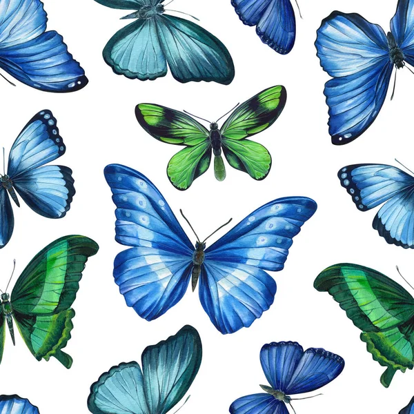 Blue and green butterflies. Watercolor botanical illustration. Seamless pattern. Design for fashion, fabric, textile — Φωτογραφία Αρχείου