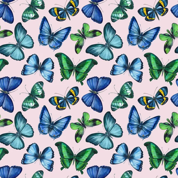 Butterflies on isolated pink background. Watercolor illustration. Seamless pattern. Design for fashion, fabric, textile — ストック写真