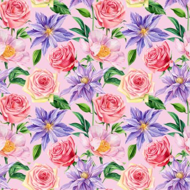 Kusursuz gül, şakayık, klematis çiçeği şablonu. Suluboya çiçek tebrik kartı, tasarım