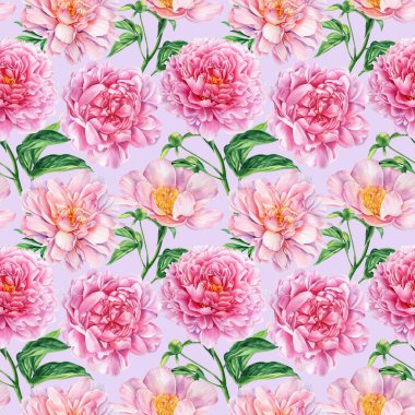 Kusursuz şakayık deseni, pembe çiçek arkaplan şablonu. Suluboya çiçek tasarımı