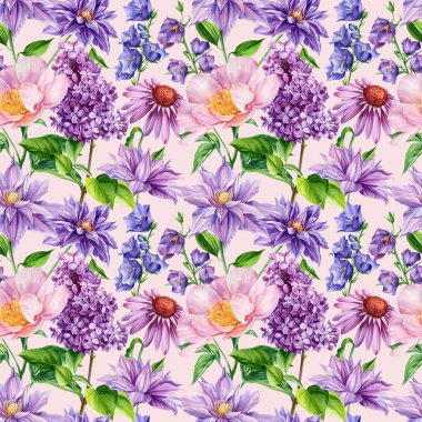 Şakayık, Klematis, BlueBell, Ekinezya çiçeği arka plan şablonu. Suluboya çiçek, düğün kartı, kusursuz desenler. 