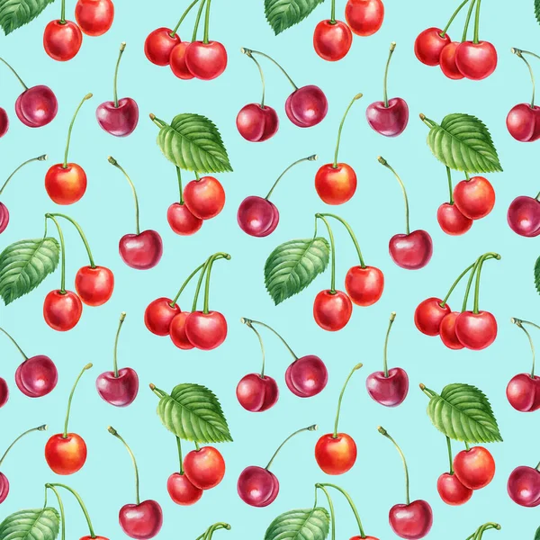 Patrón sin costuras de cereza aislada sobre fondo blanco. Acuarela Berry. Ilustración botánica —  Fotos de Stock