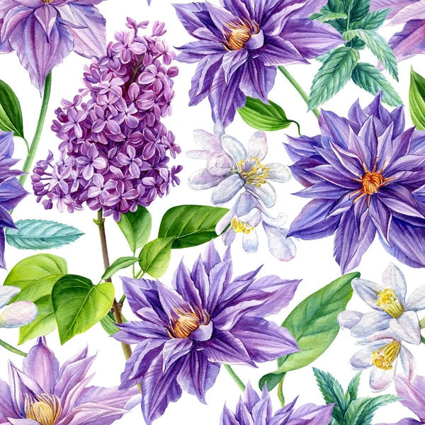 Violet Seamless pattern of lilac, clematis flower background template. Watercolor floral for greeting card, design — Stok fotoğraf